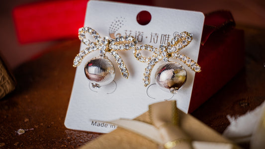 a close up of a pair of earrings on a card