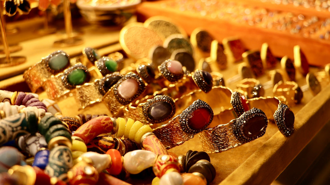 a display of rings and bracelets on a table